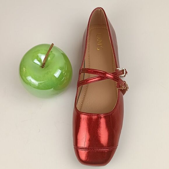Womens Cherry Red Metallic Square Toe Double Strap Mary Jane Shoes/flats sz 11.5 - Picture 10 of 11